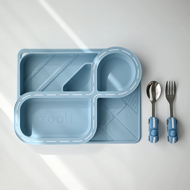 Zooli Powder Blue Racetrack Dinnerware Set with silicone plate and cutlery