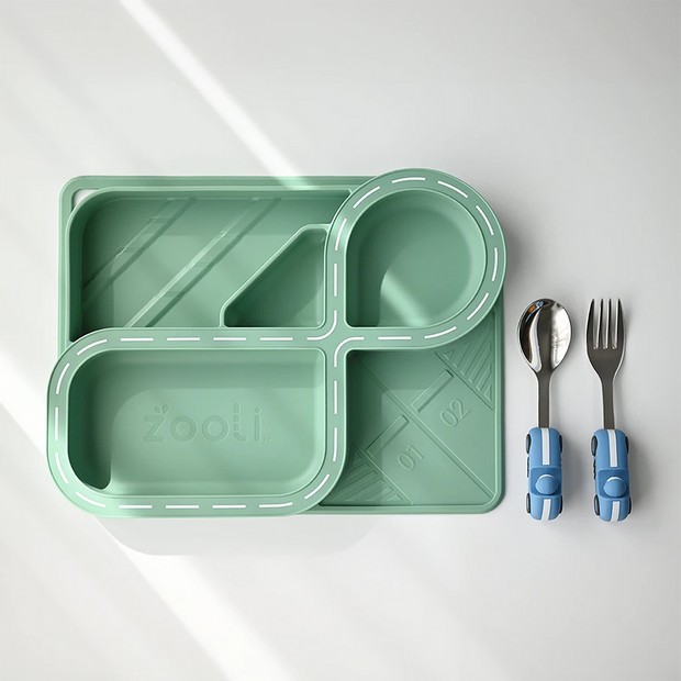 Zooli Sage Green Racetrack Dinnerware Set with silicone plate and cutlery