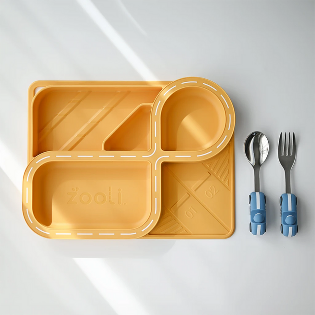 Zooli Butterscotch Racetrack Dinnerware Set with silicone plate and cutlery