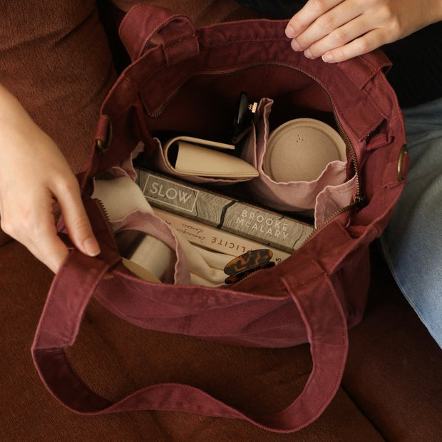 Six pocket midi cotton canvas tote bag in deep rosewood
