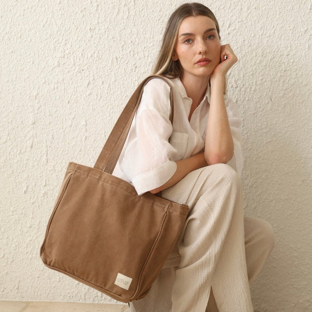Six pocket midi cotton canvas tote bag with antique gold hardware
