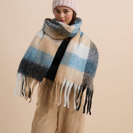 Soft blue and cream checkered fluffy scarf
