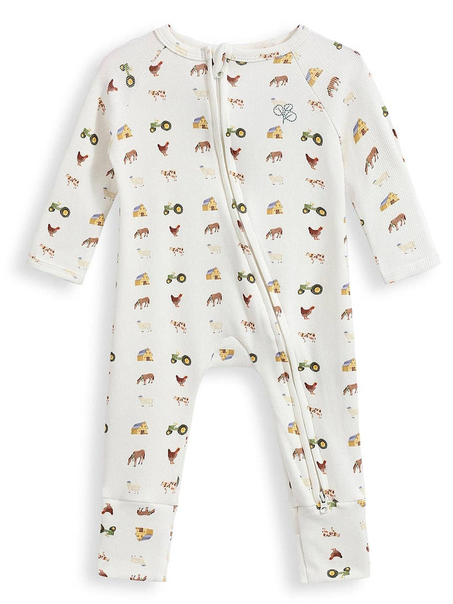 Soft cotton baby growsuit in cream farm animal print with fold over cuffs
