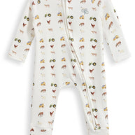 Soft cotton baby growsuit in cream farm animal print with fold over cuffs