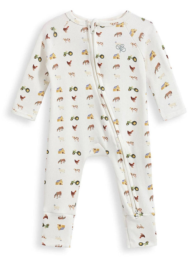 Soft cotton baby growsuit in cream farm animal print with fold over cuffs