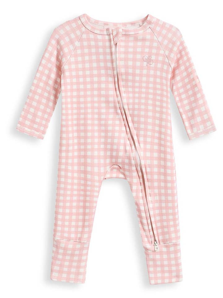 Soft cotton baby growsuit in pink gingham print with fold over cuffs