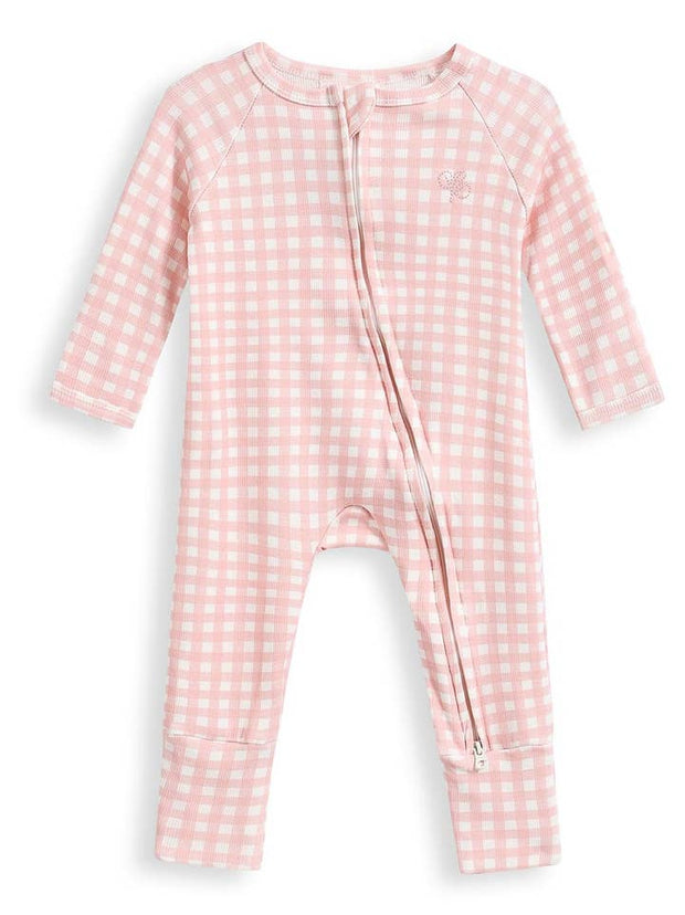 Soft cotton baby growsuit in pink gingham print with fold over cuffs