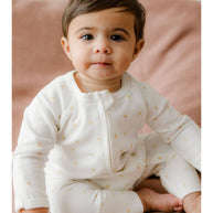 Soft cream cotton baby growsuit with delicate wheat sprig print and fold over cuffs