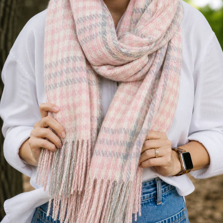 Soft winter-weight check scarf in blush pink grey and cream tones with fringe ends
