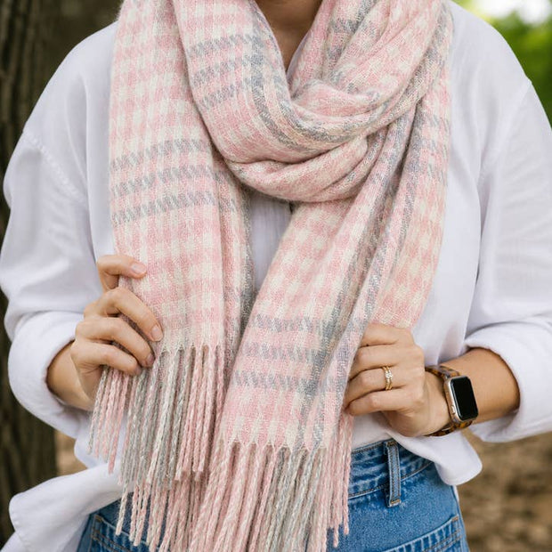 Soft winter-weight check scarf in blush pink grey and cream tones with fringe ends