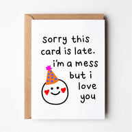 Friends of Henry Sorry This Card Is Late greeting card with smiley face and party hat illustration