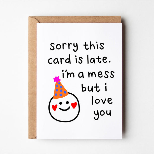 Friends of Henry Sorry This Card Is Late greeting card with smiley face and party hat illustration