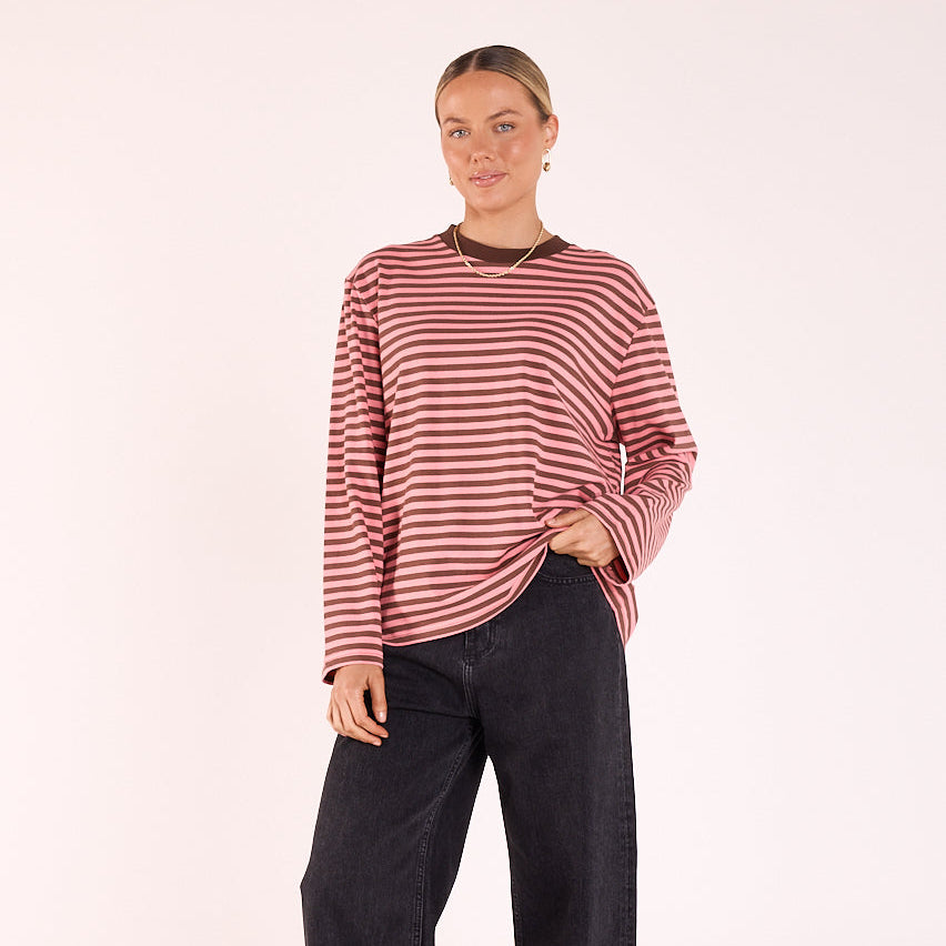 Striped cotton long sleeve tee with ribbed neckband