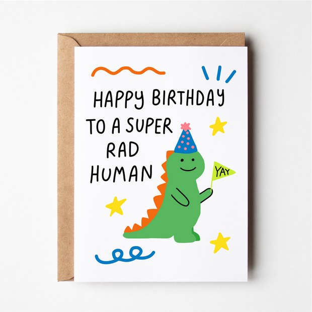Friends of Henry Super Rad Human Birthday Card with green dinosaur illustration
