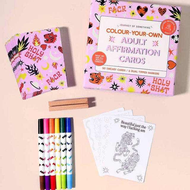 Sweary colour-your-own affirmation cards with dual-tipped markers
