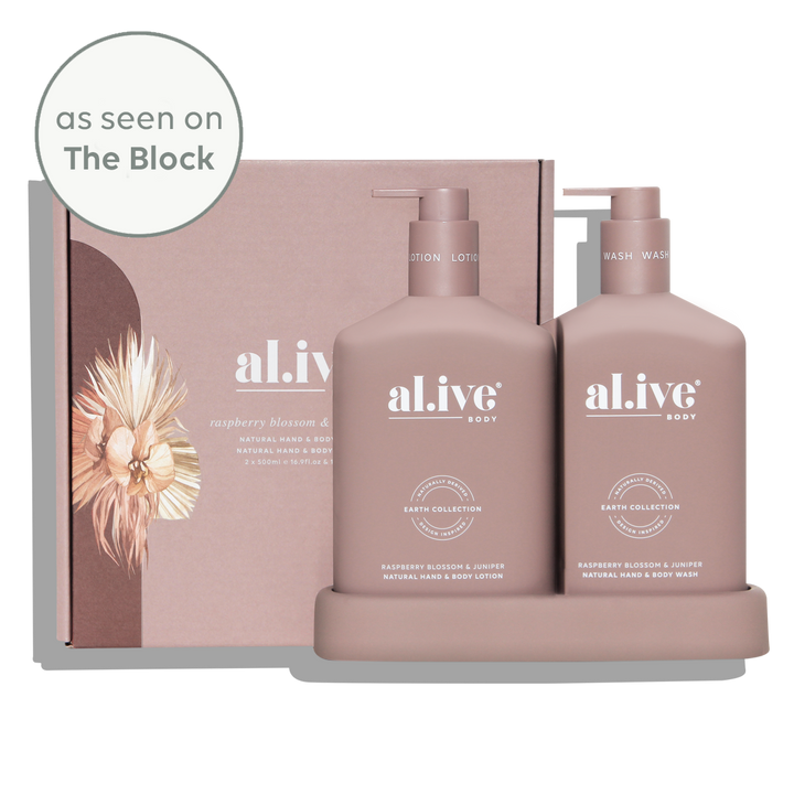 al.ive body Wash & Lotion Duo Raspberry Blossom & Juniper with tray