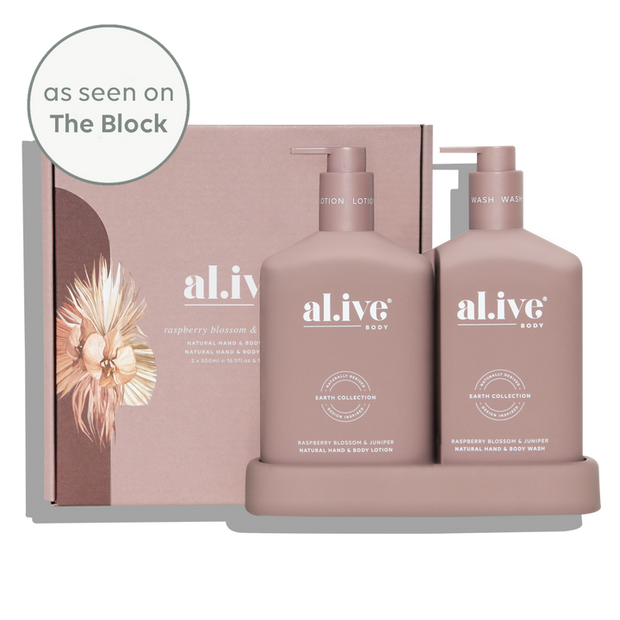 al.ive body Wash & Lotion Duo Raspberry Blossom & Juniper with tray