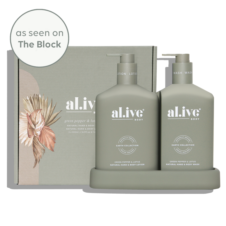 al.ive body Green Pepper & Lotus Wash & Lotion Duo in muted olive tray