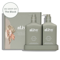 al.ive body Green Pepper & Lotus Wash & Lotion Duo in muted olive tray