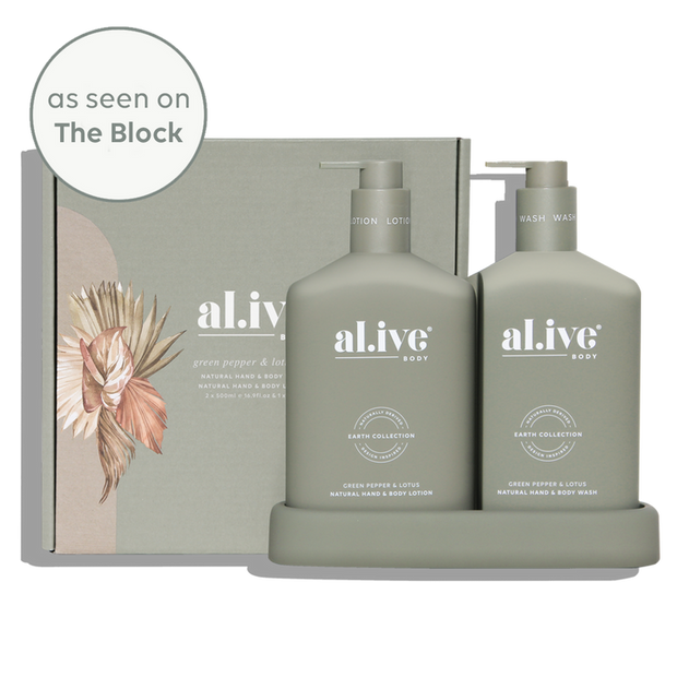 al.ive body Green Pepper & Lotus Wash & Lotion Duo in muted olive tray