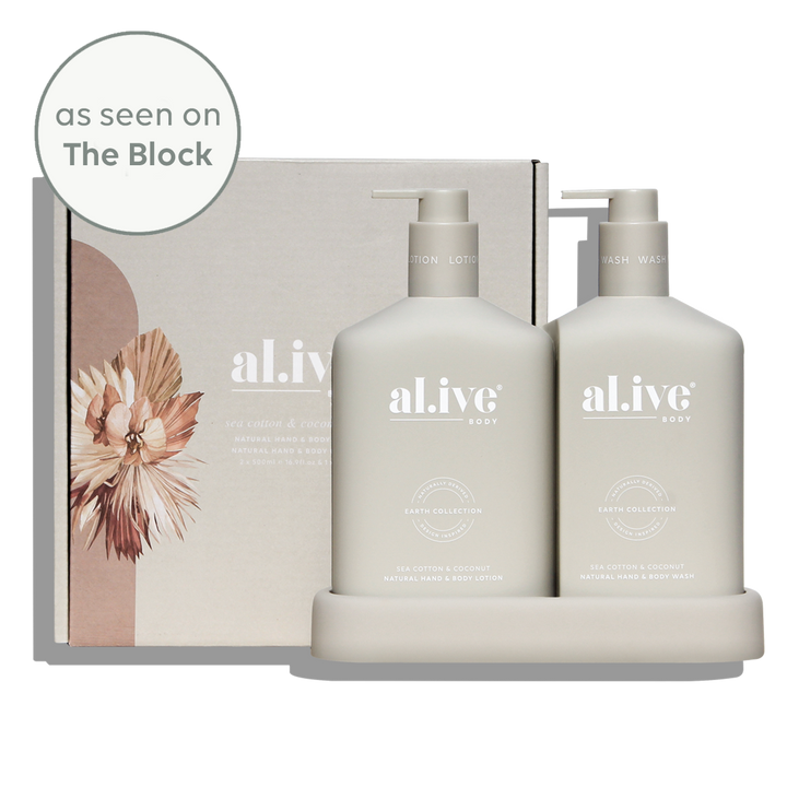 al.ive body Wash & Lotion Duo Sea Cotton & Coconut with tray