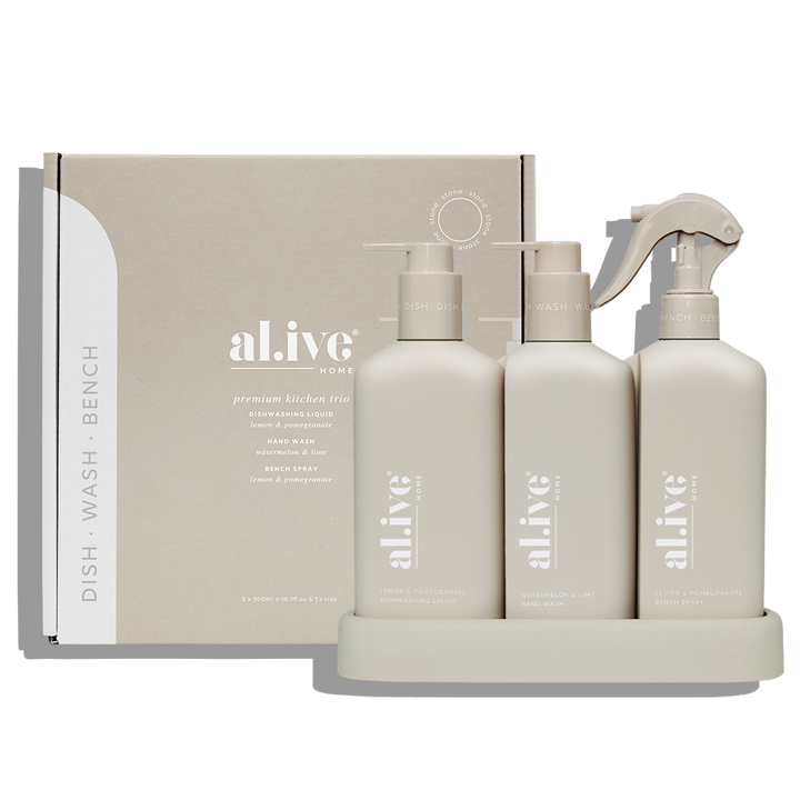 Al.ive Body  Premium Kitchen Trio – Dishwashing Liquid, Hand Wash & Bench Spray + Tray (3 × 300 ml)