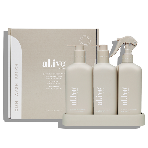 Al.ive Body  Premium Kitchen Trio – Dishwashing Liquid, Hand Wash & Bench Spray + Tray (3 × 300 ml)