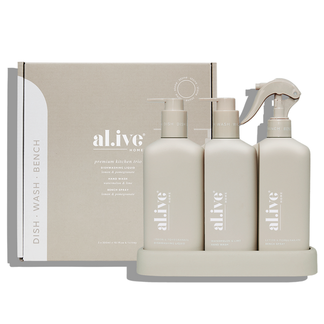 Al.ive Body  Premium Kitchen Trio – Dishwashing Liquid, Hand Wash & Bench Spray + Tray (3 × 300 ml)