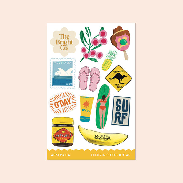 The Bright Co Australia Surf Sticker Sheet with Aussie summer icons