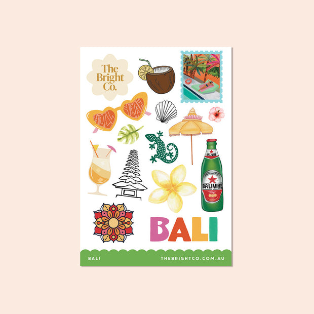 The Bright Co Bali Frangipani Sticker Sheet with tropical travel icons