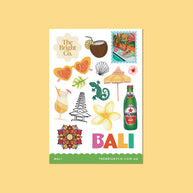 Bali-themed stickers featuring frangipani, palm trees, and coconuts