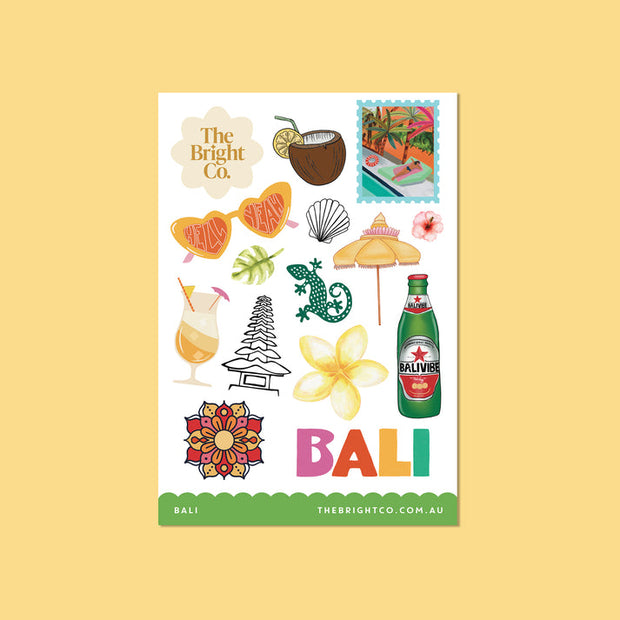 Bali-themed stickers featuring frangipani, palm trees, and coconuts