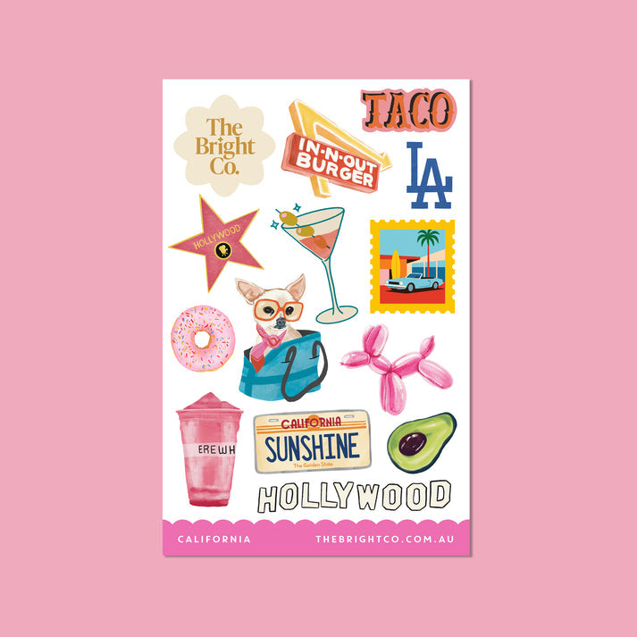 California-themed vinyl sticker sheet featuring colourful LA and Hollywood illustrations by The Bright Co