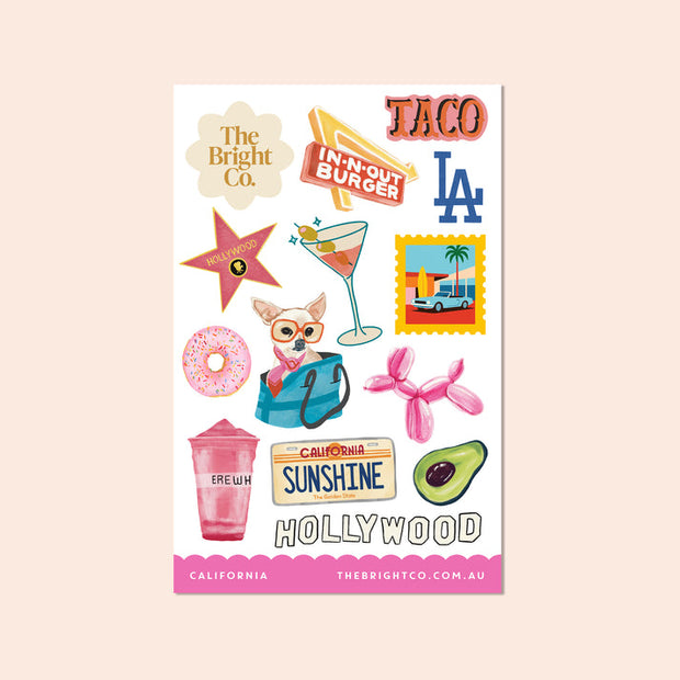 California-themed vinyl sticker sheet featuring colourful LA and Hollywood illustrations by The Bright Co