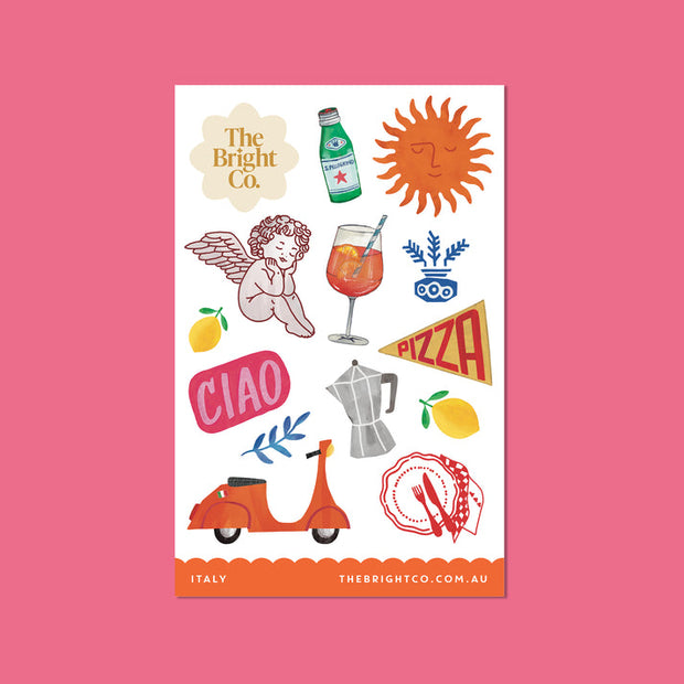 Italy-themed stickers featuring pizza, Vespa, and Aperol spritz icons