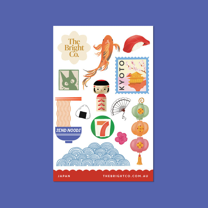 Japan sticker sheet with sushi, ramen bowl, koi fish, Kyoto stamp, lanterns and Japanese-themed illustrations by The Bright Co