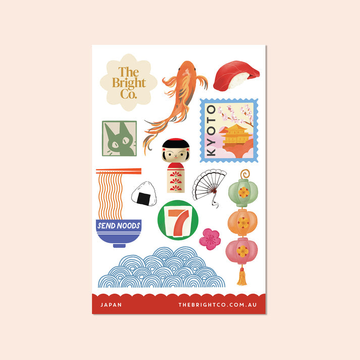 Japan sticker sheet with sushi, ramen bowl, koi fish, Kyoto stamp, lanterns and Japanese-themed illustrations by The Bright Co