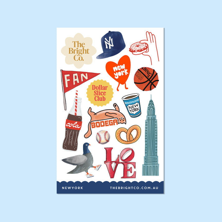 New York-themed vinyl sticker sheet featuring colourful NYC illustrations by The Bright Co