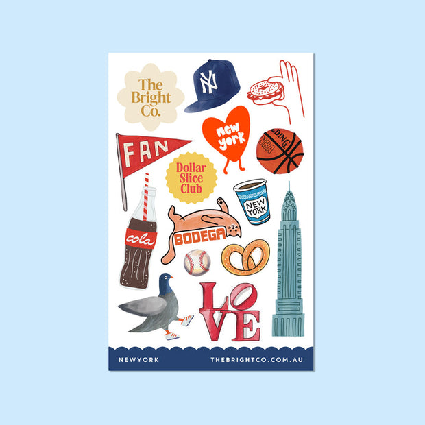 New York-themed vinyl sticker sheet featuring colourful NYC illustrations by The Bright Co
