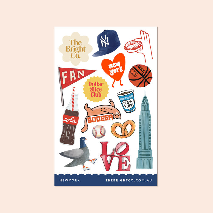 New York-themed vinyl sticker sheet featuring colourful NYC illustrations by The Bright Co