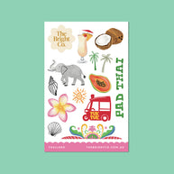 Thailand-themed vinyl sticker sheet featuring colourful tropical illustrations by The Bright Co