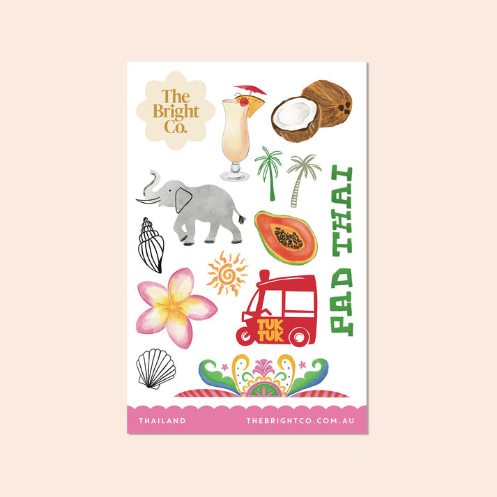 Thailand-themed vinyl sticker sheet featuring colourful tropical illustrations by The Bright Co
