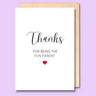 A white card on a light purple background. The card says 