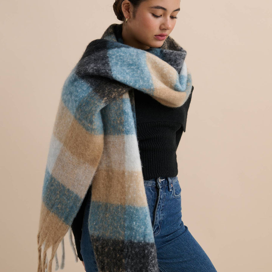 The Moonta Collective Lindy Checkered Fluffy Scarf with fringed ends