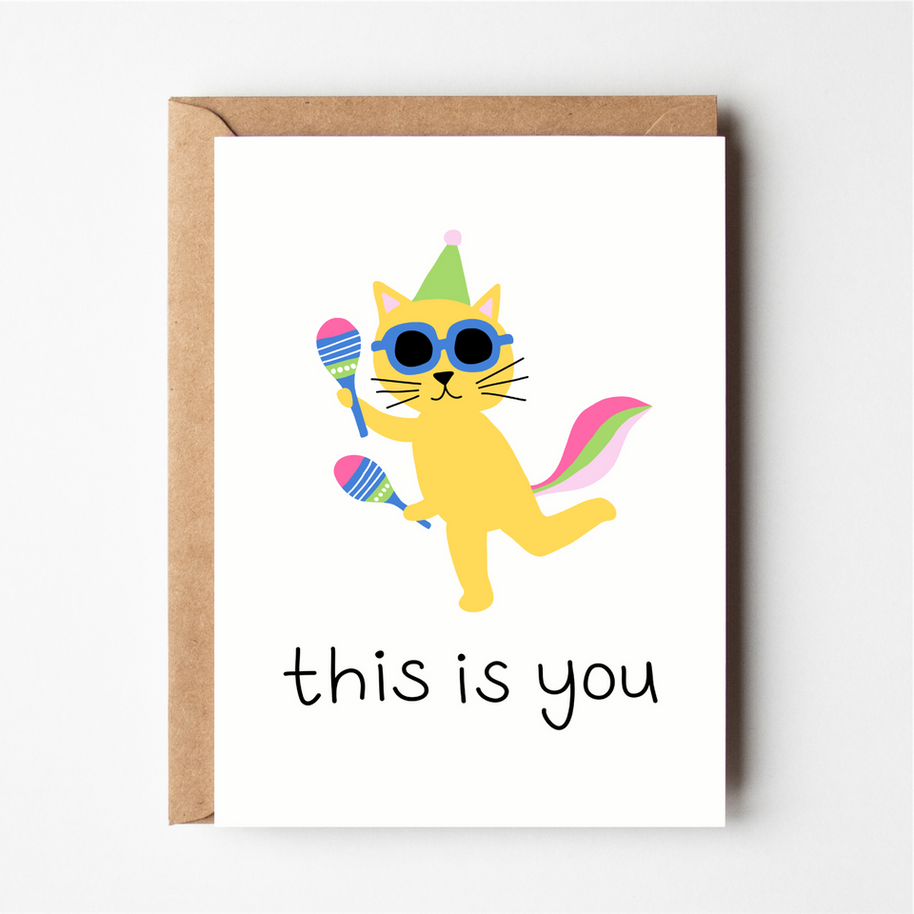 Friends of Henry This Is You Greeting Card with dancing cat illustration