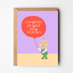 Friends of Henry Congrats on Your Tiny Human card with baby holding red balloon