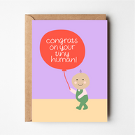 Friends of Henry Congrats on Your Tiny Human card with baby holding red balloon