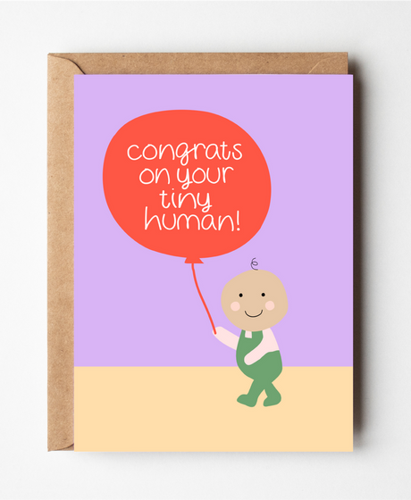 Friends of Henry Congrats on Your Tiny Human card with baby holding red balloon