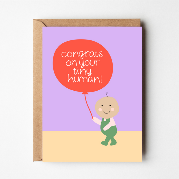 Friends of Henry Congrats on Your Tiny Human card with baby holding red balloon