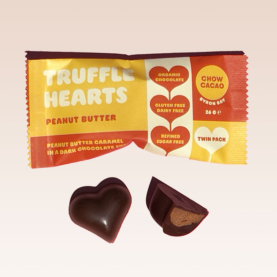 Chow Cacao Peanut Butter Caramel Truffle Hearts in dark chocolate shell